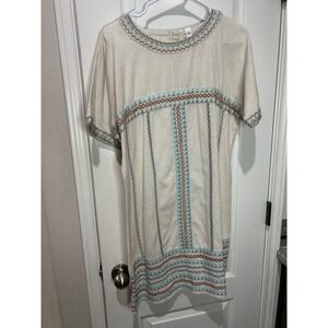 Uncle Frank Boho Cotton Dress Festival Vacation Shift Dress Aztec Embroidered